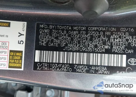 2016 Toyota Prius из США, поврежденный, VIN JTDKBRFU9G3515024